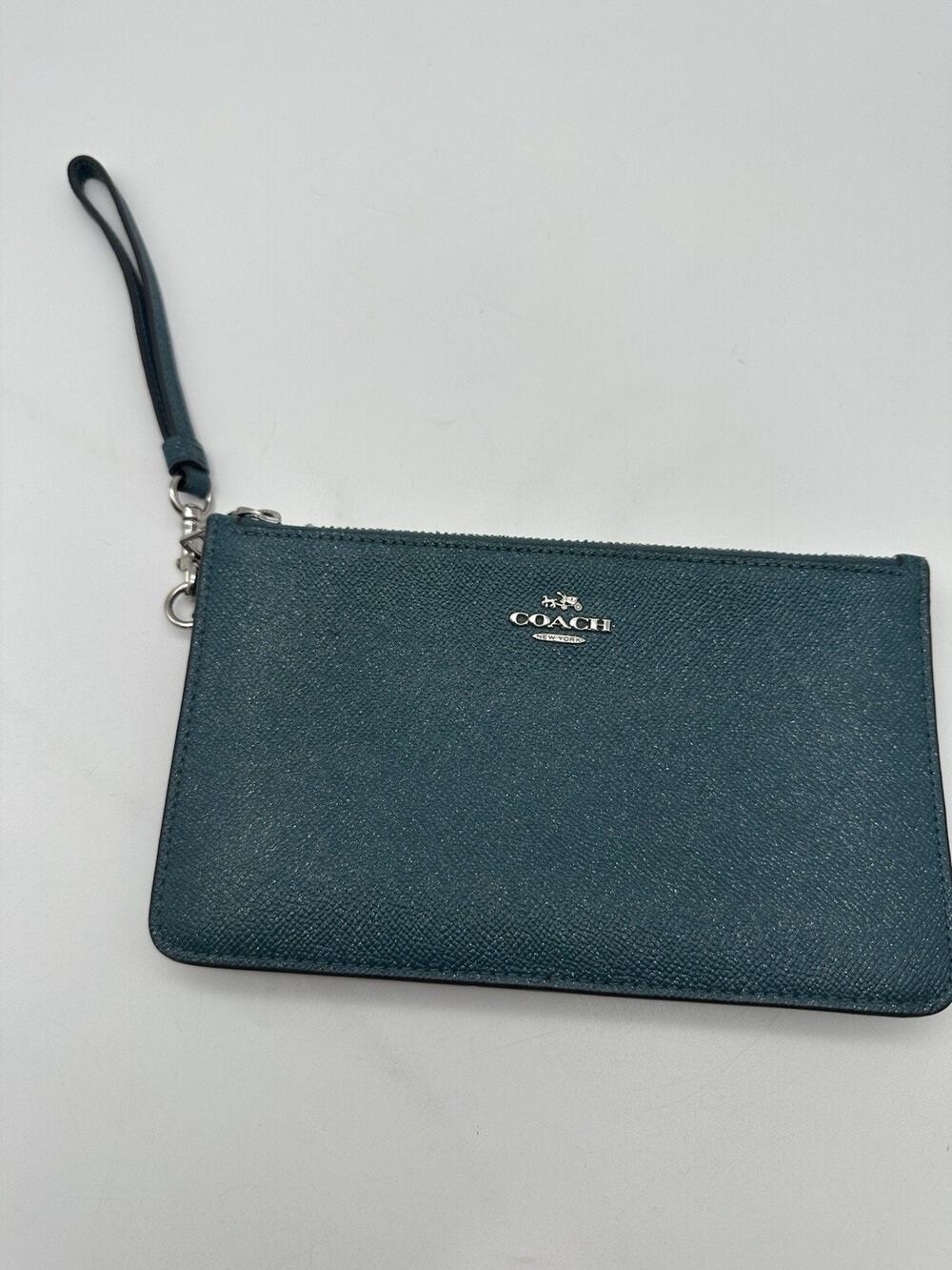 Coach Dark Teal Metallic Expandable Wristlet Wallet Silver Zip Hardware